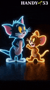 a neon poster of tom and jerry standing next to each other on a black background .