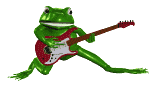 a frog is playing an electric guitar on a white background .