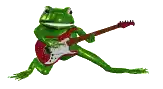 a frog is playing an electric guitar on a white background .