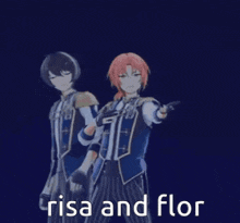 a couple of anime characters standing next to each other with the words risa and flor written on the bottom