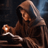 a man wearing a hooded robe is reading a book