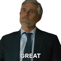 a man in a suit and tie has the word great on his chest