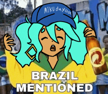 a cartoon of a girl wearing a blue hat that says miku dayoo brazil mentioned