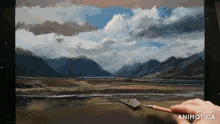 a painting of a mountain landscape is made in animonica