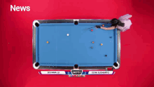 a woman stands in front of a pool table that says inews on it