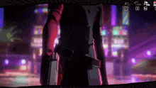 a video game screen shows a person holding a gun in a dark city