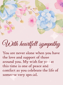 a card with flowers and the words " with heartfelt sympathy " on it