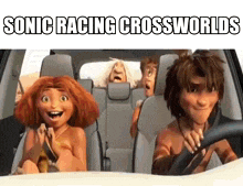 a group of cartoon characters are sitting in a car with the caption sonic racing crossworlds