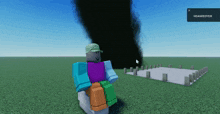 a roblox character is standing in front of a black smoke coming out of a hole in the ground