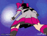 a cartoon of a girl in a pink skirt is flying through the air