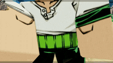a cartoon character with a white shirt and green pants is standing in front of a screen that says " no m "