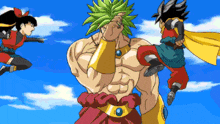 a cartoon of a man with green hair standing next to a girl and a boy