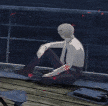 a painting of two wolves sitting next to each other on a wooden dock .