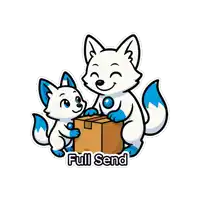 a sticker of two foxes holding a cardboard box that says full send