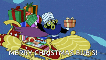 a cartoon of a monkey in a sleigh with gifts and the words merry christmas bub 's