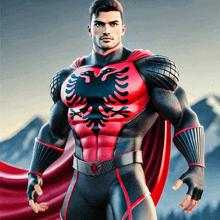 a man in a red and black superhero costume with a black eagle on his chest