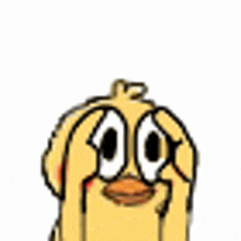 a cartoon chicken with big eyes and a big beak is looking at the camera .