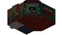 a room with a fireplace and a clock on the wall