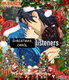 a merry christmas greeting card with a couple kissing in front of a christmas tree