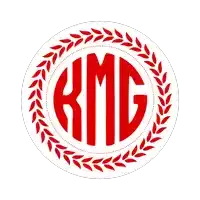 a red kmg logo with a laurel wreath surrounding it