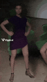 a woman in a purple dress is standing in front of a green chair with the letters viggle.ai on the bottom