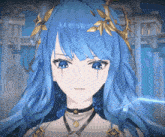 a close up of a girl with blue hair