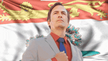 a man in a suit and tie stands in front of a newfoundland and labrador flag