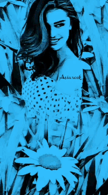 a woman in a polka dot dress is surrounded by yellow flowers and has the name asiareek written on her shoulder