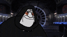 a cartoon drawing of a man with a hood and a sad face