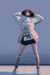 a girl with a mask on her face is wearing a pink jacket with a gun on it