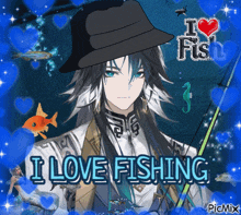 a picture of a man wearing a hat that says i love fish