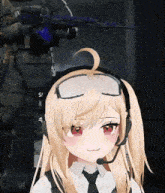 a girl wearing a headset and goggles stands in front of a man with a gun