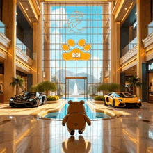 a teddy bear stands in front of a large window that says boi on it