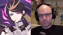 a man wearing headphones is next to a picture of a girl with purple eyes