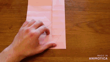 a person folding a piece of pink paper with the words made in animotica below