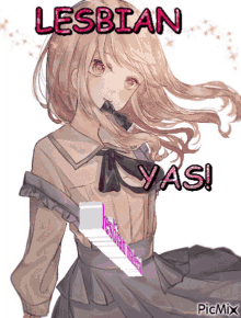 a picture of a girl with the words lesbian yasi on it