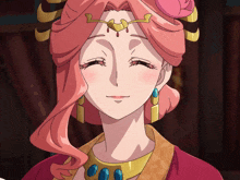 a close up of a woman with pink hair wearing a necklace and earrings