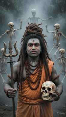 a man with dreadlocks is holding a skull and a trident with skeletons behind him