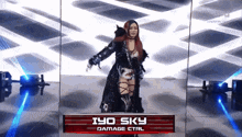 a female wrestler named iyo sky damage ctrl is standing on a stage