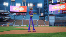 a cartoon character is standing on a baseball field with a kaak sign in the background