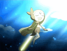 a cartoon character is flying through the air with a light coming out of her mouth