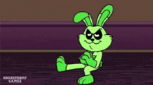 a green cartoon bunny is sitting on a wooden floor with his arms crossed .