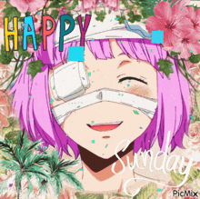 a girl with a bandage on her eye and the words happy sunday
