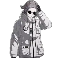 a black and white drawing of a person wearing sunglasses and a jacket that says hbdd