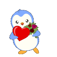 a penguin is holding a red heart and a bouquet of flowers