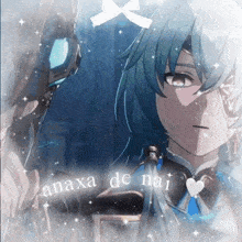 a picture of a blue haired anime character with the name anaxa de nai