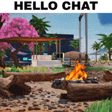 a poster with a fire pit and the words hello chat