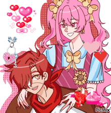 a drawing of a girl with pink hair and a boy with red hair with a candle in the middle