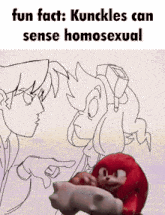 a drawing of a man and a monkey with the words fun fact kunckles can sense homosexual