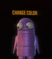 a purple robot with glowing eyes is standing in front of a neon sign that says change color